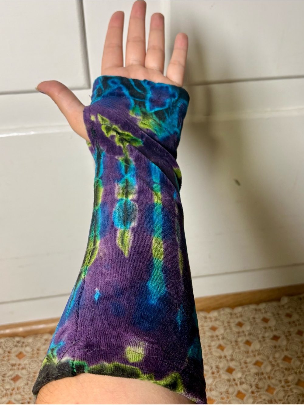 Boho Tie Dye Cotton Velvet Purple Green Blue Fingerless Arm Warmer Sleeves